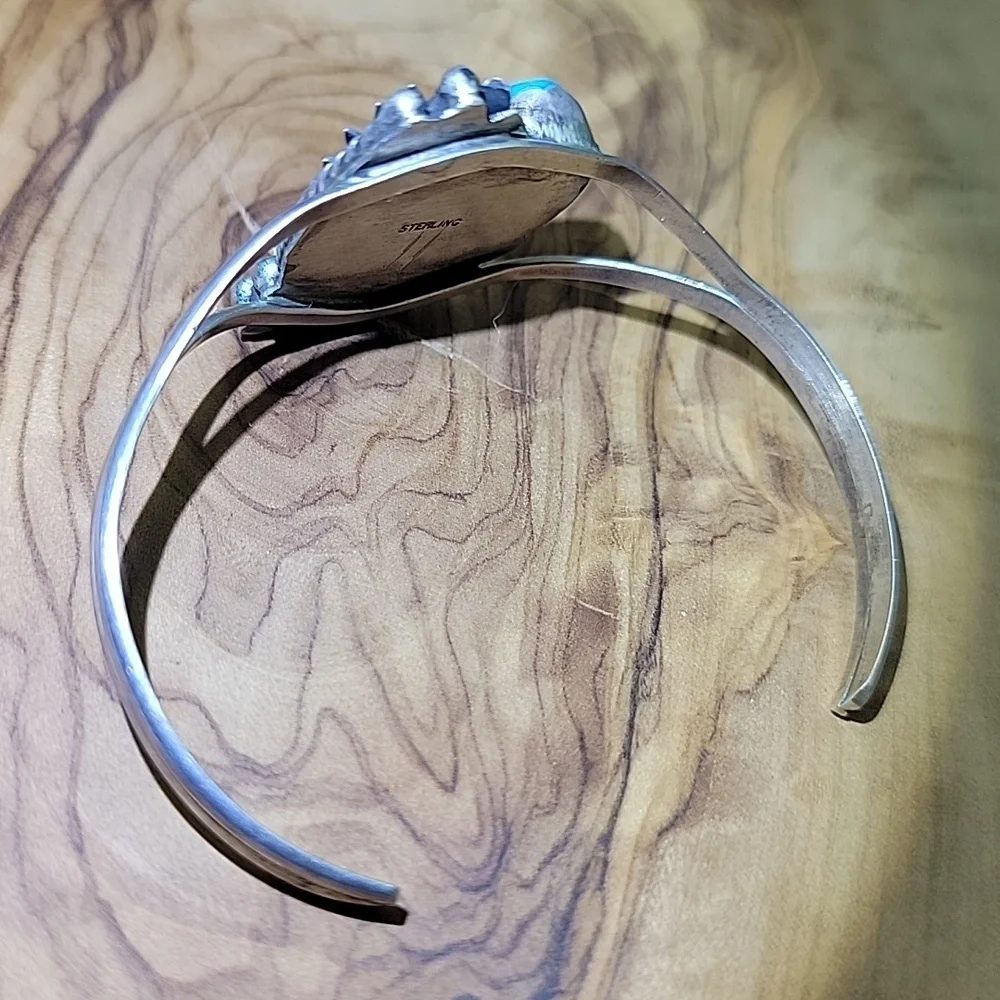 Vintage 925 Sterling Silver Turquoise and Red Coral Leaf Cuff Bracelet 7" Wrist - Picture 6 of 8